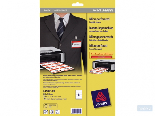 Avery Insteekkaarten voor badgehouders Inkjetprinter, Laserprinter, Kopieerapparaat L4728-20