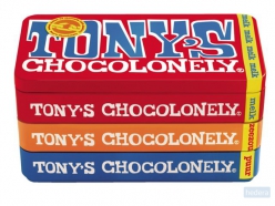 Chocolade Tony's Chocolonely stapelblik 3 x 180 gram melk, melk karamel zeezout en puur
