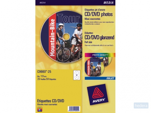Avery CD etiketten Ø 117 mm, wit, Inkjetprinter, permanent klevend C9660-25