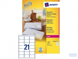 Avery recycled white laser labels QuickPeel ft 63.5 x 38.1 mm (w x h), 2,100 pieces, 21 per sheet