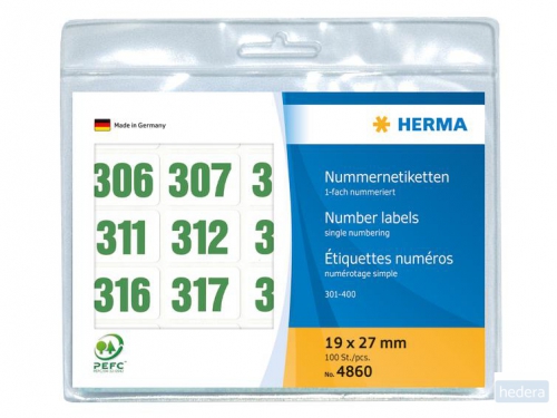 Nummer etiketten Herma 4860 enkel zelfklevend 19x27 mm opdruk groen 301-400